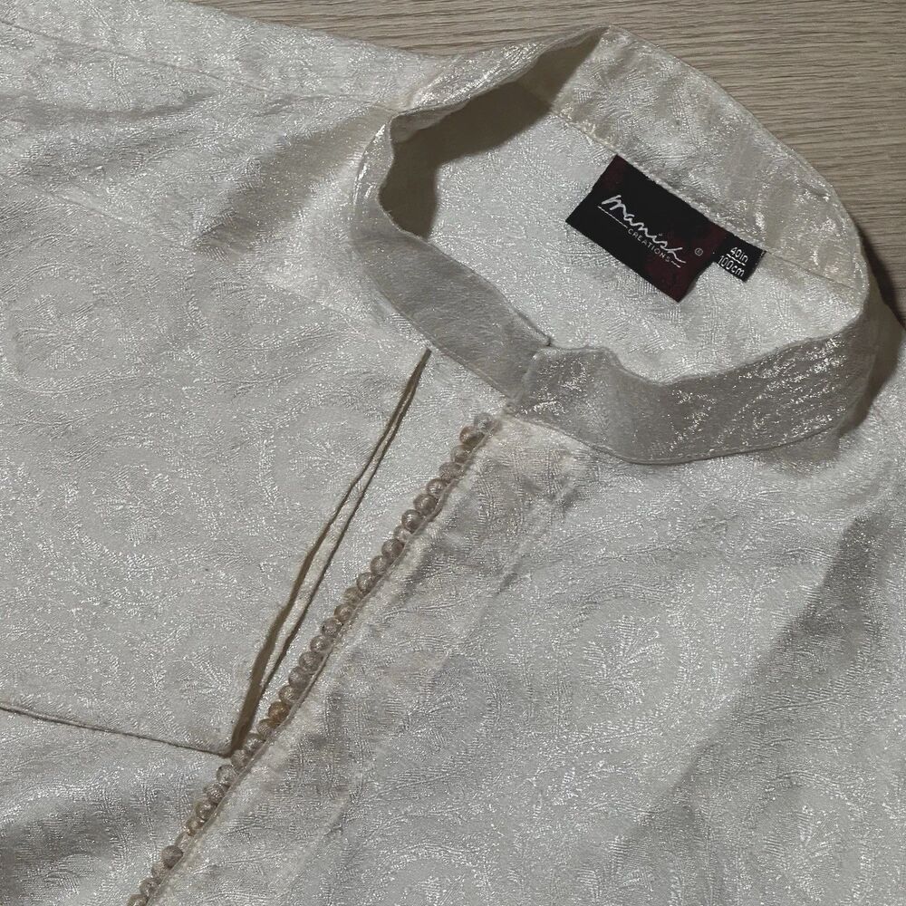 Mens Karim Creations Ivory Embroidered Kurta Shirt Size 40 Formal Tunic